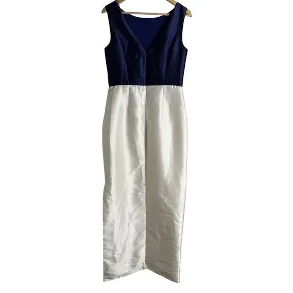 Kay Unger Hailey Colorblock Sleeveless 3D Bow Side Slit Navy Ivory Dress Size 10 - Picture 13 of 15